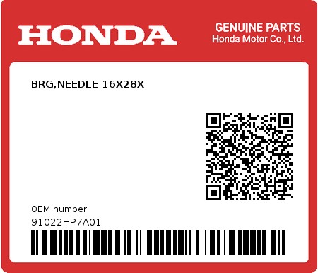 Product image: Honda - 91022HP7A01 - BRG,NEEDLE 16X28X 