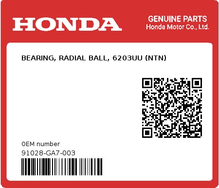 Product image: Honda - 91028-GA7-003 - BEARING, RADIAL BALL, 6203UU (NTN)  0