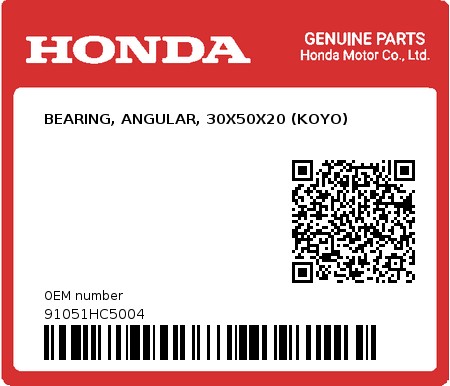 Product image: Honda - 91051HC5004 - BEARING, ANGULAR, 30X50X20 (KOYO) 