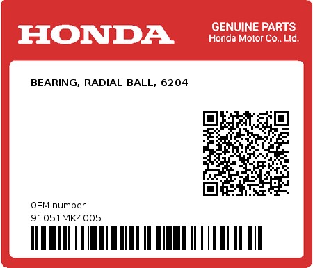 Product image: Honda - 91051MK4005 - BEARING, RADIAL BALL, 6204  0
