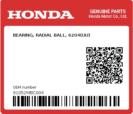 Product image: Honda - 91052MBC004 - BEARING, RADIAL BALL, 6204(UU)  0