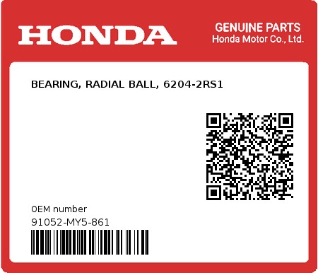 Product image: Honda - 91052-MY5-861 - BEARING, RADIAL BALL, 6204-2RS1  0