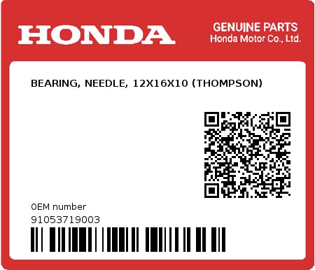 Product image: Honda - 91053719003 - BEARING, NEEDLE, 12X16X10 (THOMPSON) 