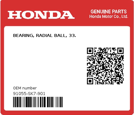 Product image: Honda - 91055-SK7-901 - BEARING, RADIAL BALL, 33.  0