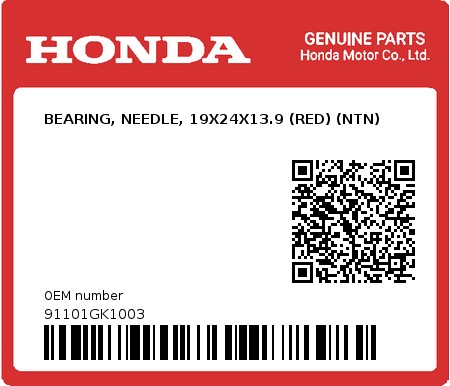 Product image: Honda - 91101GK1003 - BEARING, NEEDLE, 19X24X13.9 (RED) (NTN) 