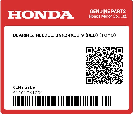 Product image: Honda - 91101GK1004 - BEARING, NEEDLE, 19X24X13.9 (RED) (TOYO) 