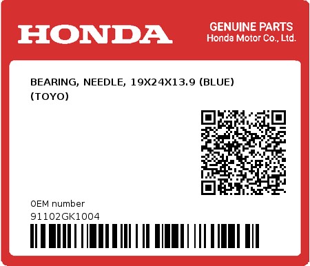 Product image: Honda - 91102GK1004 - BEARING, NEEDLE, 19X24X13.9 (BLUE) (TOYO) 