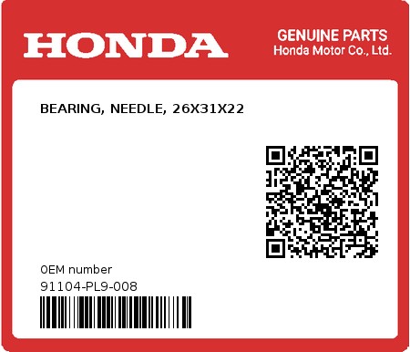 Product image: Honda - 91104-PL9-008 - BEARING, NEEDLE, 26X31X22  0