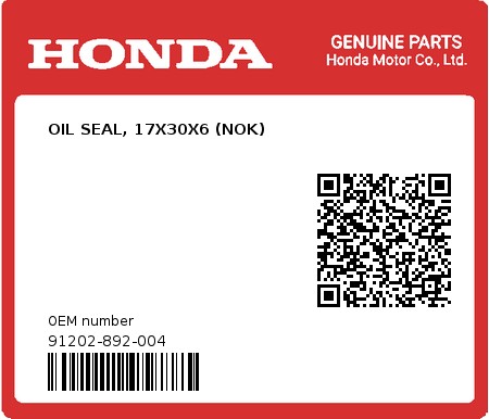 Product image: Honda - 91202-892-004 - OIL SEAL, 17X30X6 (NOK) 