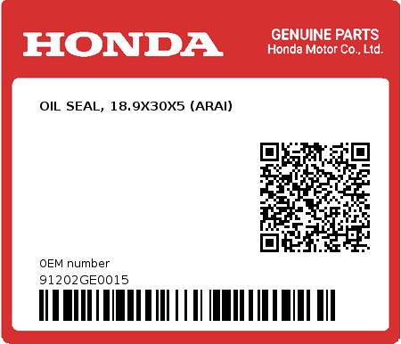 Product image: Honda - 91202GE0015 - OIL SEAL, 18.9X30X5 (ARAI) 