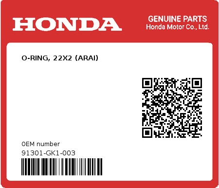 Product image: Honda - 91301-GK1-003 - O-RING, 22X2 (ARAI) 