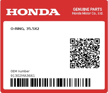 Product image: Honda - 91302MA3661 - O-RING, 35.5X2  0