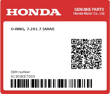 Product image: Honda - 91303KE7003 - O-RING, 7.2X1.7 (ARAI)  0