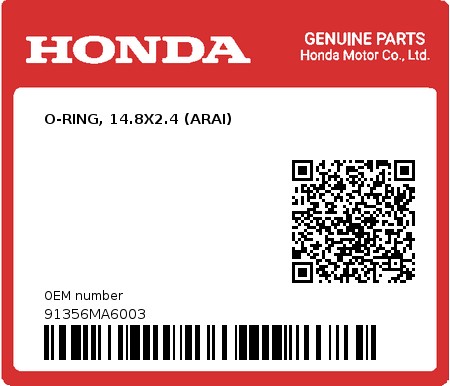Product image: Honda - 91356MA6003 - O-RING, 14.8X2.4 (ARAI)  0