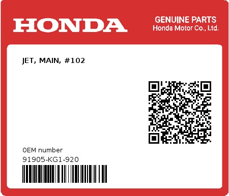 Product image: Honda - 91905-KG1-920 - JET, MAIN, #102  0