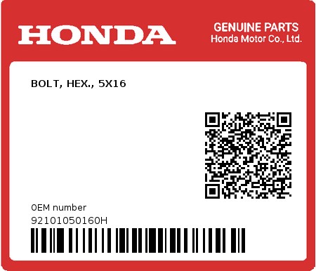 Product image: Honda - 92101050160H - BOLT, HEX., 5X16  0
