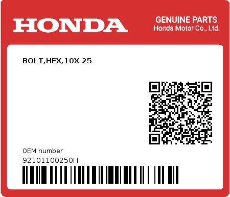 Product image: Honda - 92101100250H - BOLT,HEX,10X 25  0