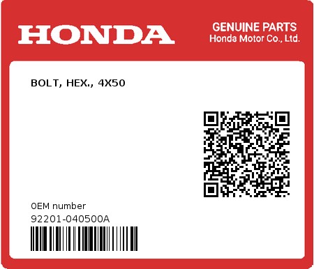 Product image: Honda - 92201-040500A - BOLT, HEX., 4X50  0