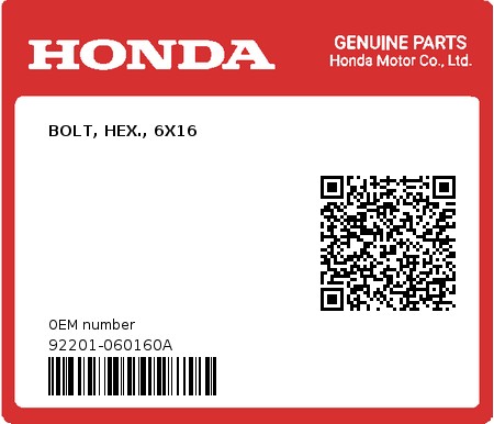 Product image: Honda - 92201-060160A - BOLT, HEX., 6X16  0