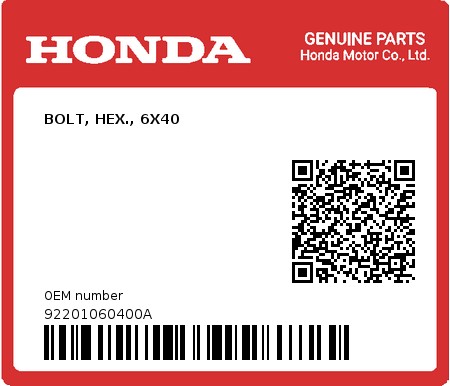 Product image: Honda - 92201060400A - BOLT, HEX., 6X40  0