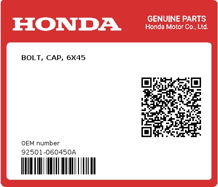 Product image: Honda - 92501-060450A - BOLT, CAP, 6X45  0
