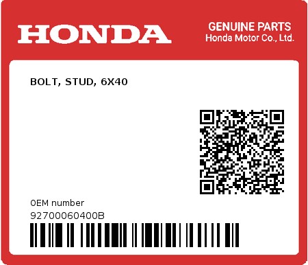 Product image: Honda - 92700060400B - BOLT, STUD, 6X40  0