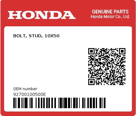 Product image: Honda - 92700100500E - BOLT, STUD, 10X50  0