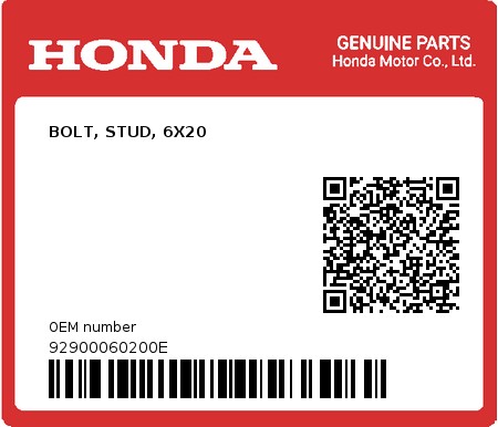 Product image: Honda - 92900060200E - BOLT, STUD, 6X20  0