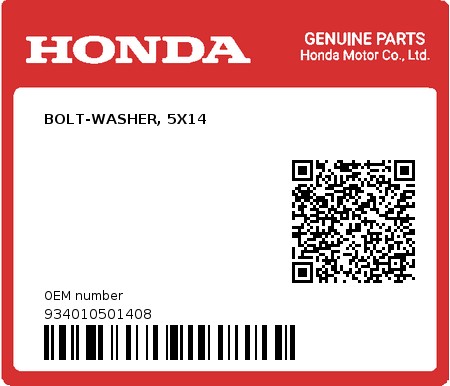 Product image: Honda - 934010501408 - BOLT-WASHER, 5X14 