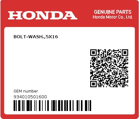 Product image: Honda - 934010501600 - BOLT-WASH.,5X16 