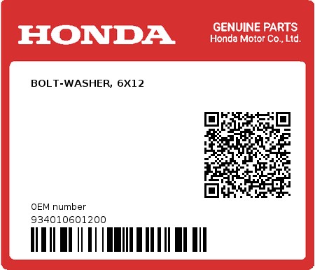 Product image: Honda - 934010601200 - BOLT-WASHER, 6X12  0