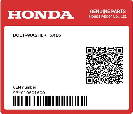 Product image: Honda - 934010601600 - BOLT-WASHER, 6X16  0