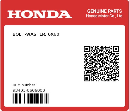 Product image: Honda - 93401-0606000 - BOLT-WASHER, 6X60  0