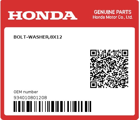 Product image: Honda - 934010801208 - BOLT-WASHER,8X12  0