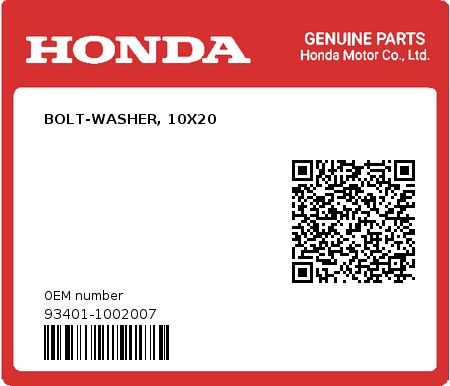 Product image: Honda - 93401-1002007 - BOLT-WASHER, 10X20  0