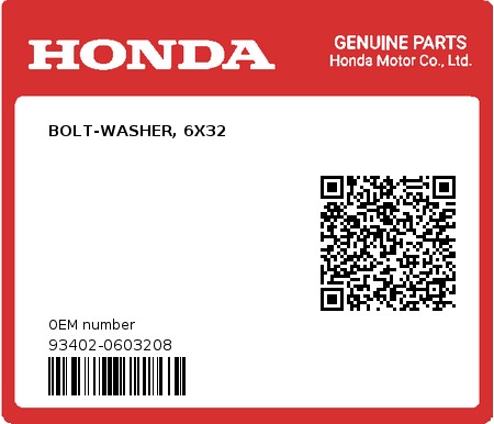 Product image: Honda - 93402-0603208 - BOLT-WASHER, 6X32  0