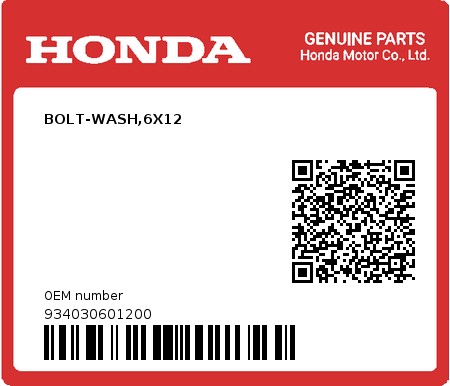 Product image: Honda - 934030601200 - BOLT-WASH,6X12 