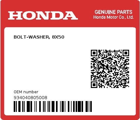 Product image: Honda - 934040805008 - BOLT-WASHER, 8X50 