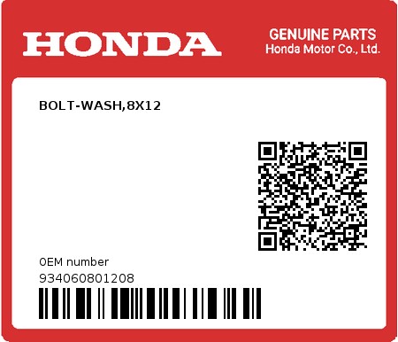 Product image: Honda - 934060801208 - BOLT-WASH,8X12 