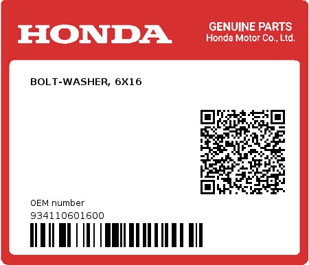 Product image: Honda - 934110601600 - BOLT-WASHER, 6X16  0