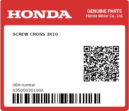 Product image: Honda - 93500030100A - SCREW CROSS 3X10  0