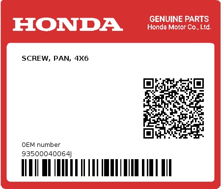 Product image: Honda - 93500040064J - SCREW, PAN, 4X6  0
