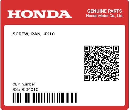 Product image: Honda - 9350004010 - SCREW, PAN, 4X10  0