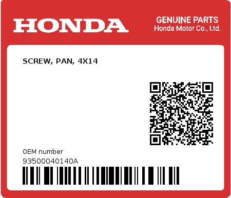 Product image: Honda - 93500040140A - SCREW, PAN, 4X14  0