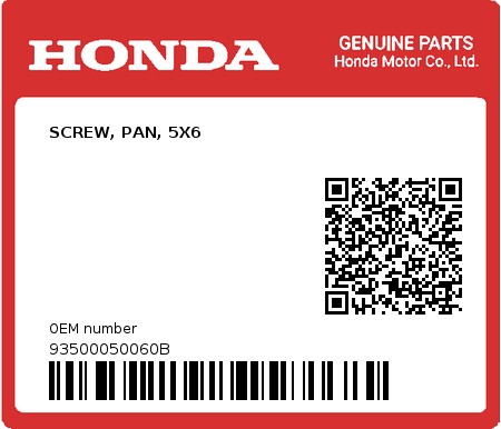 Product image: Honda - 93500050060B - SCREW, PAN, 5X6  0