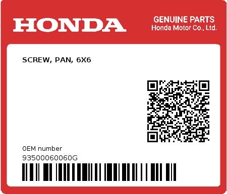 Product image: Honda - 93500060060G - SCREW, PAN, 6X6  0