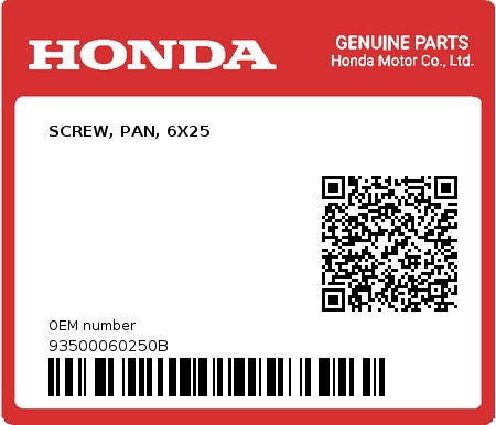 Product image: Honda - 93500060250B - SCREW, PAN, 6X25  0