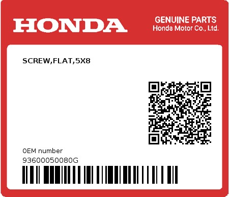 Product image: Honda - 93600050080G - SCREW,FLAT,5X8  0
