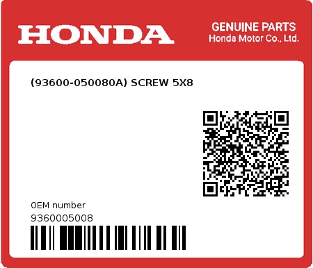 Product image: Honda - 9360005008 - (93600-050080A) SCREW 5X8  0