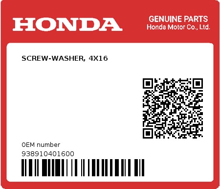 Product image: Honda - 938910401600 - SCREW-WASHER, 4X16  0